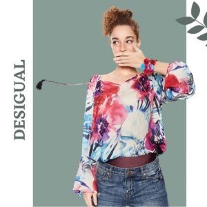 Desigual Zazil Blouse Pink Blue Oversize Floral Top Balloon Sleeve Tassel Medium